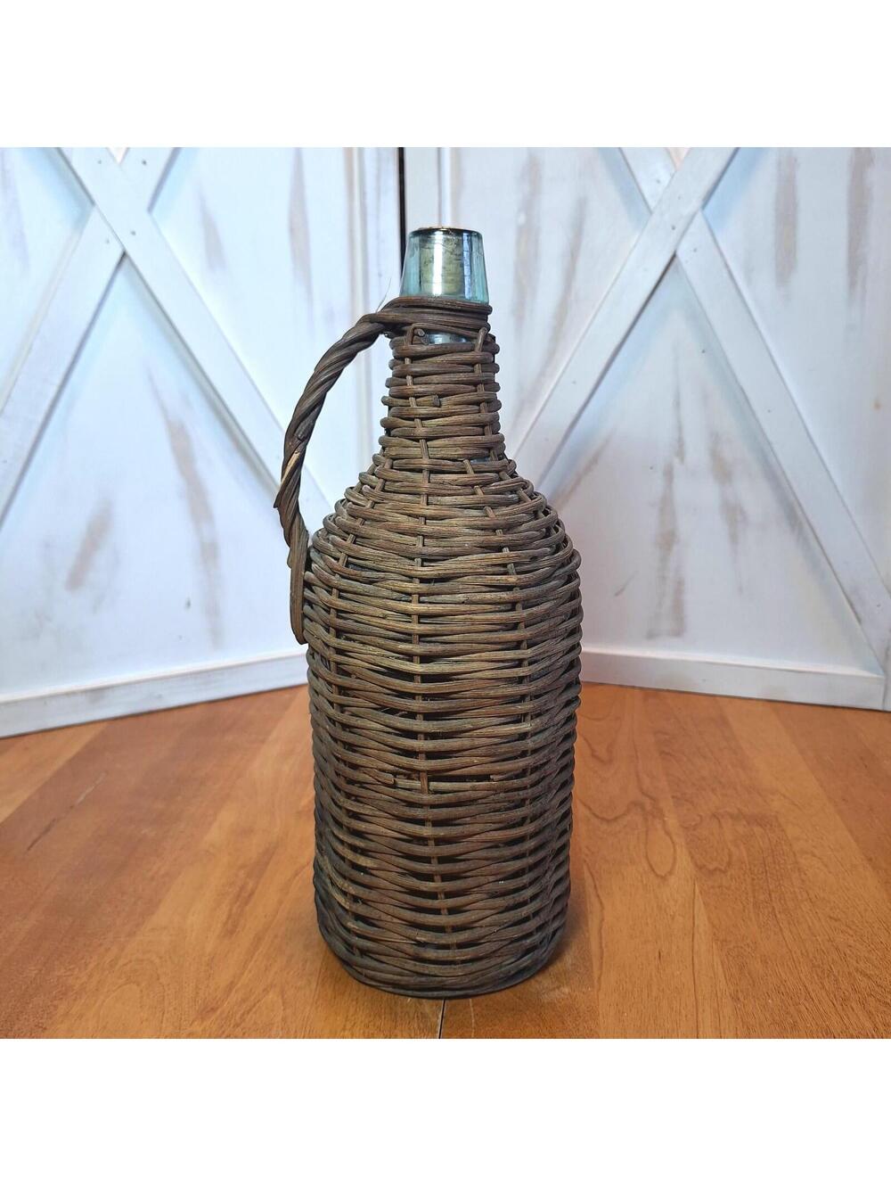 Vtg Wicker Wrapped Demijohn Glass Wine Bottle Cork Stopper Rustic Boho Jug 13.5"